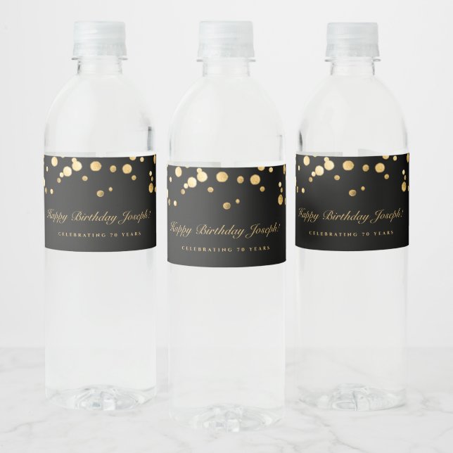 Elegant Black Gold Confetti Birthday Party Water Bottle Label (Bottles)