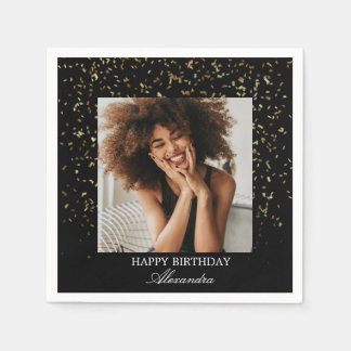 Elegant Black & Gold Confetti Birthday Photo Napkin