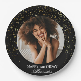 Elegant Black & Gold Confetti Birthday Photo Paper Plate