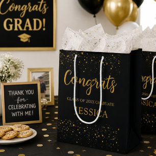 Elegant Black Gold Confetti Congrats Grad 2026 Medium Gift Bag