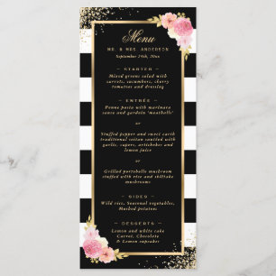 Elegant Black Gold Confetti Pink Floral Wedding Menu