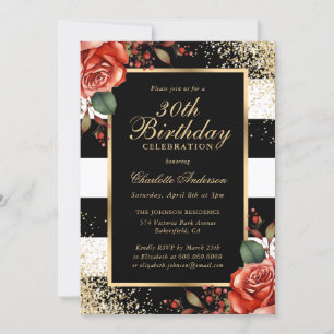 Elegant Black Gold Confetti Red Rose 30th Birthday Invitation