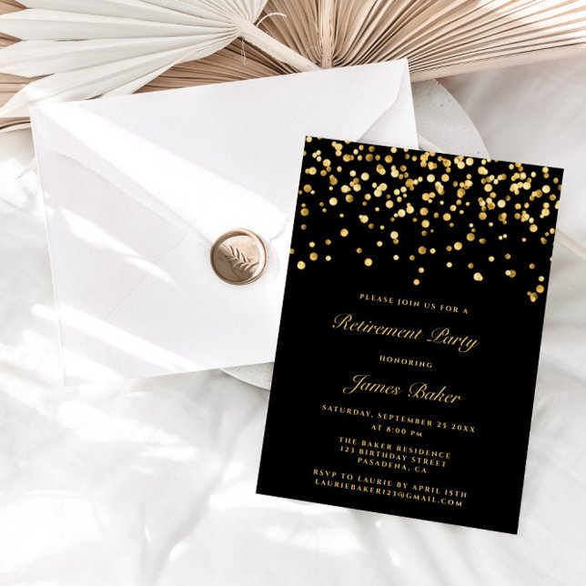 Elegant Black & Gold Confetti Retirement Party  Invitation (Creator Uploaded)
