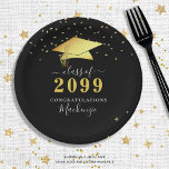 Elegant Black Gold Confetti Script Graduation Paper Plate<br><div class="desc">Elegant personalised black and gold graduation party paper plates featuring a faux metallic gold foil graduation cap, gold confetti, handwritten script typography and class year with CONGRATULATIONS and your graduate's name against an editable black background colour you can change to a school colour or coordinating party theme colour in EDIT....</div>