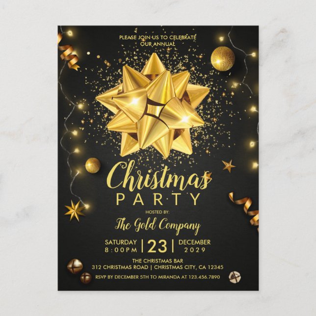 Elegant Black Gold Corporate Christmas Invitation Postcard (Front)
