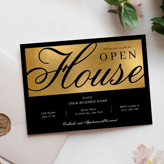 Elegant Black & Gold Corporate Office Open House Invitation (Elegant black and gold foil effect Open House Business Invitation)