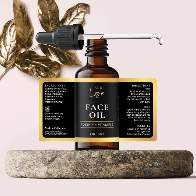 Elegant Black Gold Cosmetic Skincare Bottle Label (Black & Gold dropper bottle label design, great for serums, oils and other skincare products)