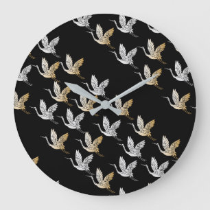 Elegant Black Gold Crane Modern Japanese Art Large Clock