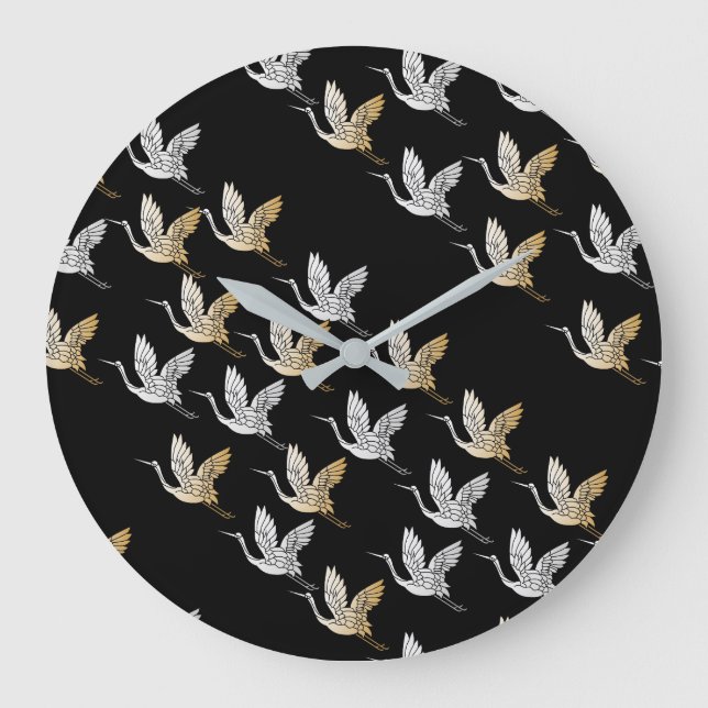 Elegant Black Gold Crane Modern Japanese Art Large Clock (Front)