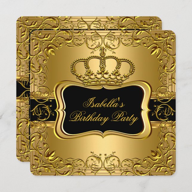 Elegant Black Gold Crown Floral Birthday Party 2 Invitation (Front/Back)