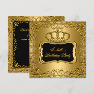 Elegant Black Gold Crown Floral Birthday Party Invitation