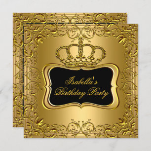 Elegant Black Gold Crown Floral Birthday Party Invitation