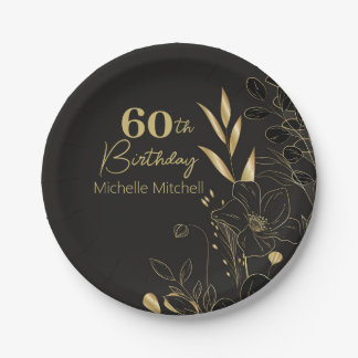 Elegant Black Gold Custom 60th Birthday Any Age Paper Plate