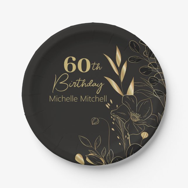 Elegant Black Gold Custom 60th Birthday Any Age Paper Plate (Front)