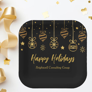 Elegant Black Gold Custom Business Holiday Party Paper Plate