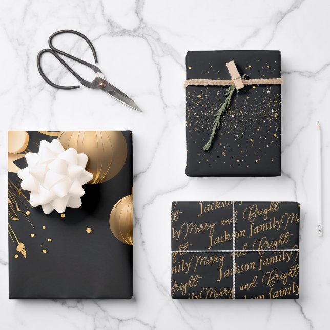 Elegant Black & Gold Custom Christmas Wrapping Wrapping Paper Sheet (Front)