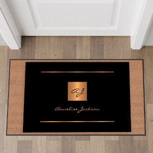 Elegant black gold custom monogram name script doormat