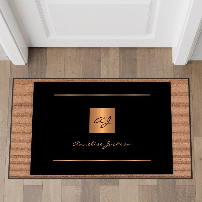 Elegant black gold custom monogram name script doormat (Creator Uploaded)