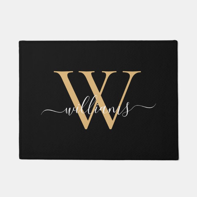 Elegant Black Gold Custom Monogram Script Name Doormat (Front)