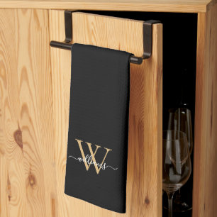 Elegant Black Gold Custom Monogram Script Name Tea Towel