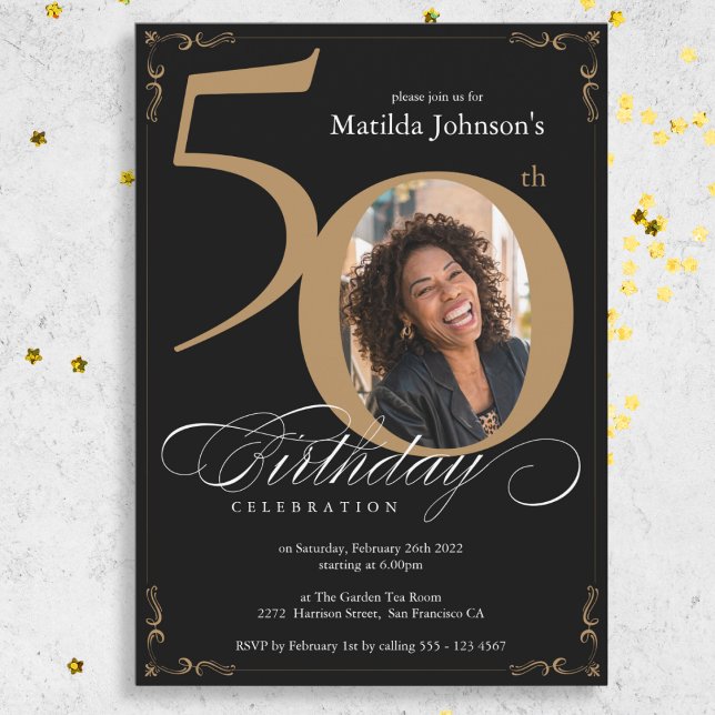 Elegant Black Gold Custom Photo 50th Birthday Invitation (Elegant Black Gold Custom Photo 50th Birthday Invitation)
