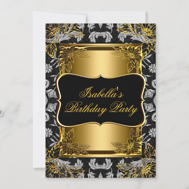 Elegant Black Gold Damask Brocade Birthday Party 2 Invitation (Front)