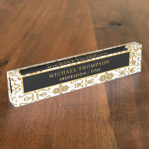 Elegant Black Gold Damask Personalised Name Nameplate