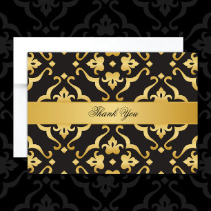 Elegant Black & Gold Damask Thank You Card