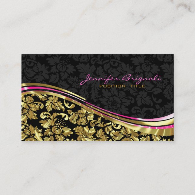 Elegant Black & Gold Damasks Silver Accents Business Card (Front)