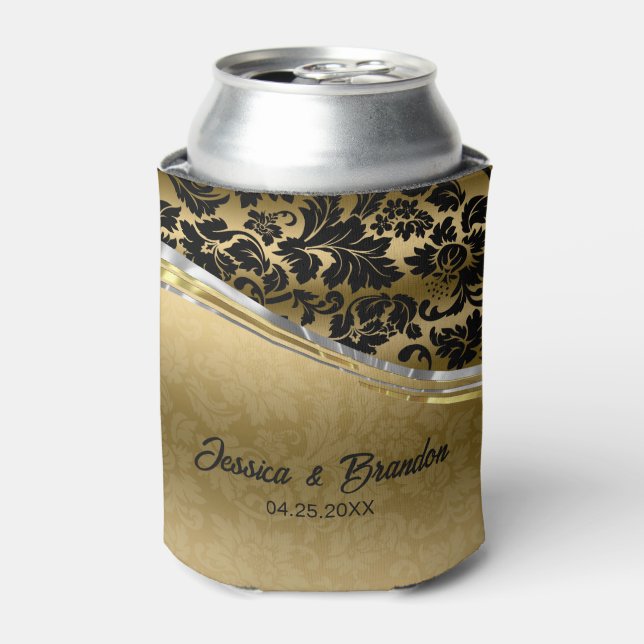 Elegant Black & Gold Damasks With Silver Accents Can Cooler (Can Front)