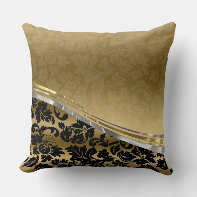 Elegant Black & Gold Damasks With Silver Accents Cushion (Front)