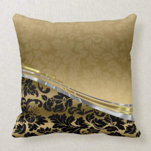 Elegant Black & Gold Damasks With Silver Accents Cushion