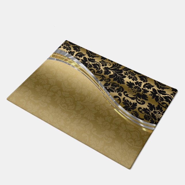Elegant Black & Gold Damasks With Silver Accents Doormat (Angled)