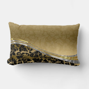 Elegant Black & Gold Damasks With Silver Accents Lumbar Cushion