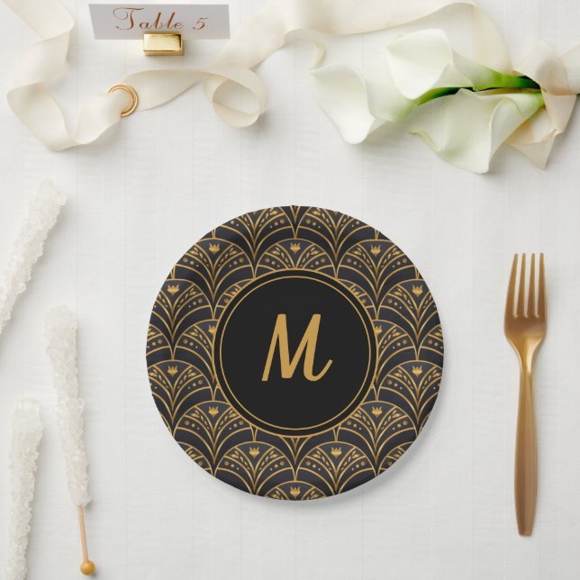 Elegant Black Gold Deco Art Pattern Monogram  Paper Plate (Wedding)