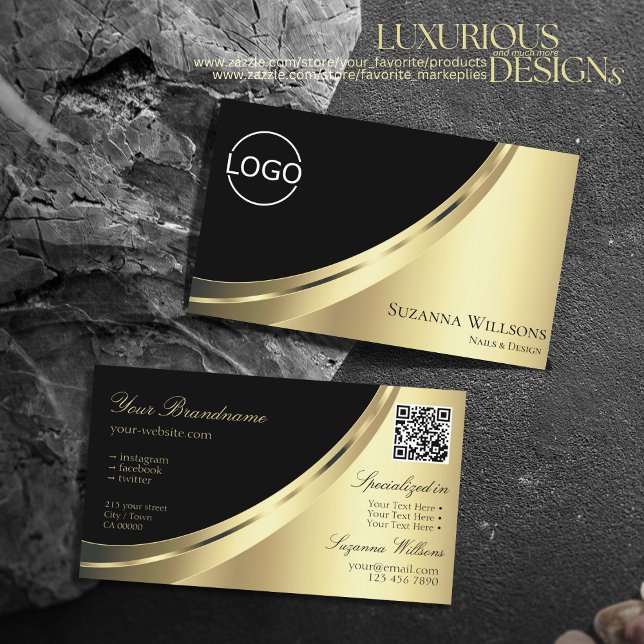 Elegant Black Gold Decor with Logo and QR-Code Business Card (Creator Uploaded)