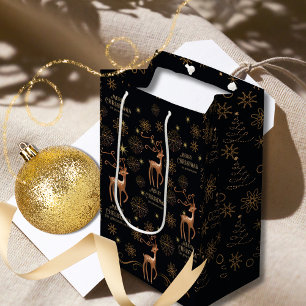Elegant Black & Gold Deer Custom Christmas Medium Gift Bag
