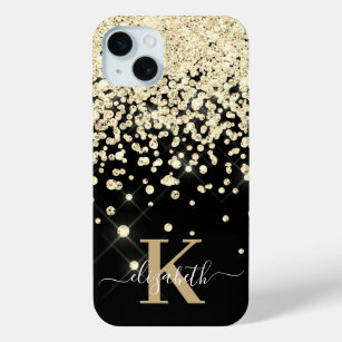 Elegant Black Gold Diamond Confetti Monogrammed iPhone 15 Mini Case