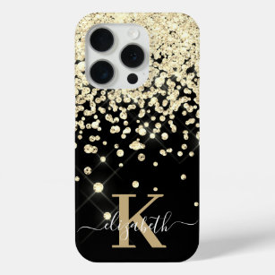 Elegant Black Gold Diamond Confetti Monogrammed iPhone 15 Pro Case