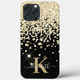 Elegant Black Gold Diamond Confetti Monogrammed iPhone 13 Pro Max Case