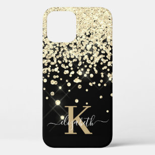 Elegant Black Gold Diamond Confetti Monogrammed iPhone 12 Pro Case