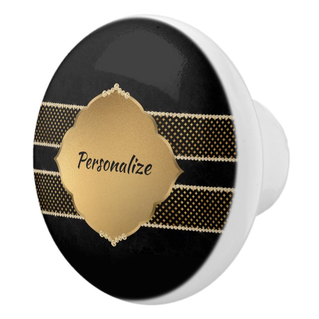 Elegant Black Gold Diamond Design Personalised Ceramic Knob (Right)