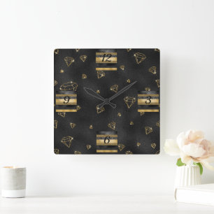 Elegant Black & Gold Diamond Design Square Wall Clock