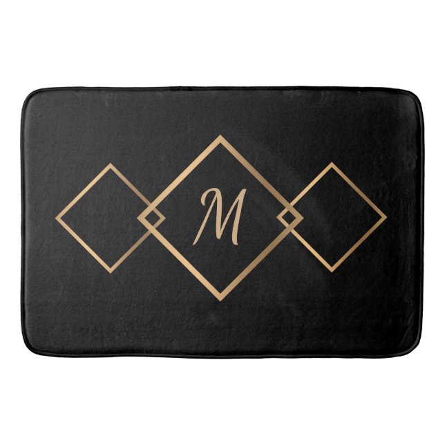 Elegant Black Gold Diamond Geometric Monogram Bath Mat (Front)