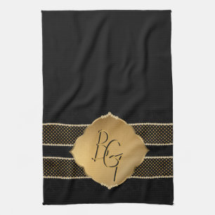 Elegant Black Gold Diamond Shape Monogram Initials Tea Towel