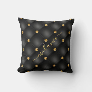 Elegant Black Gold Diamond Tufted Luxury Your Name Cushion