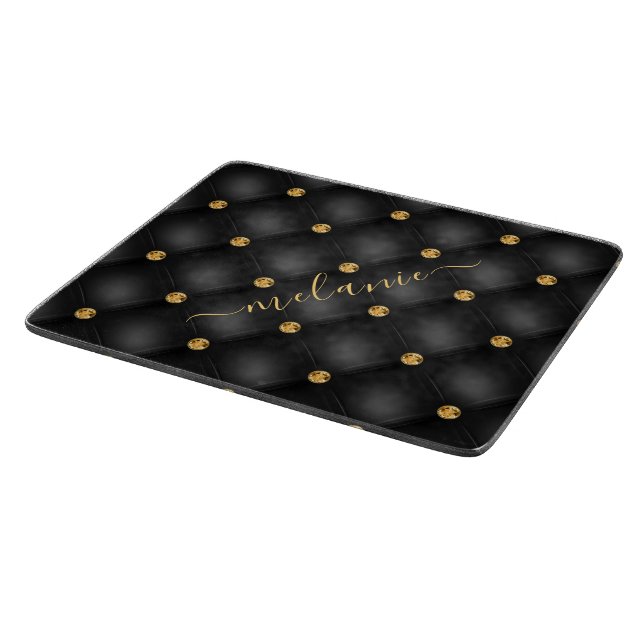 Elegant Black Gold Diamond Tufted Luxury Your Name Cutting Board (Corner)