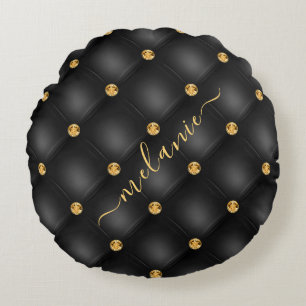 Elegant Black Gold Diamond Tufted Luxury Your Name Round Cushion