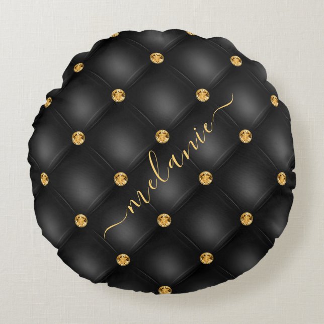 Elegant Black Gold Diamond Tufted Luxury Your Name Round Cushion (Front)