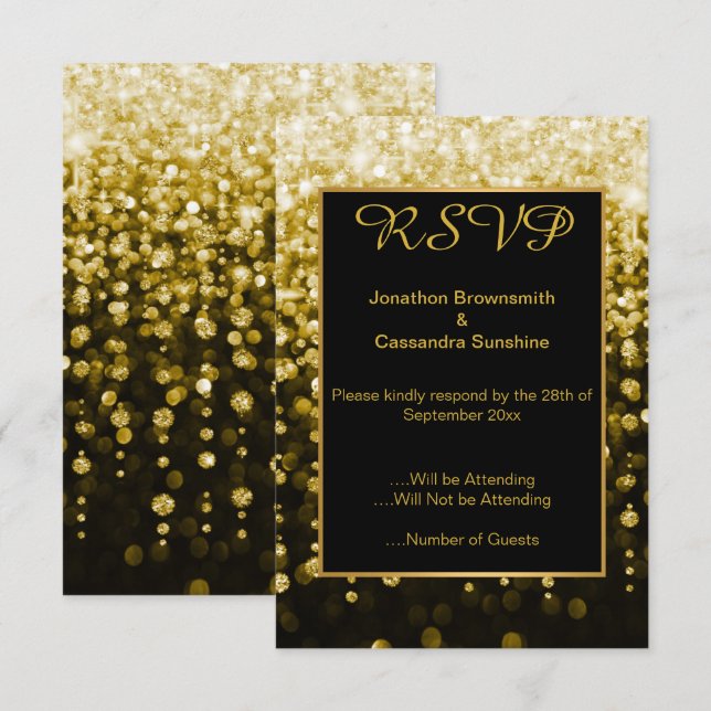 ELEGANT BLACK GOLD DIAMOND WATERFALL RSVP INVITATION (Front/Back)